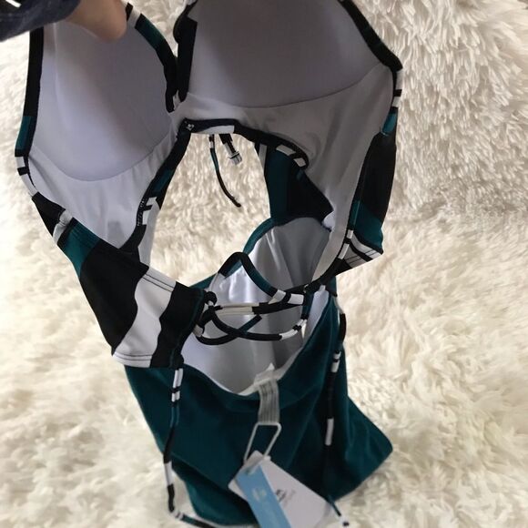 Cupshe one piece bathing suit NWT teal black and white size Small - Picture 7 of 8
